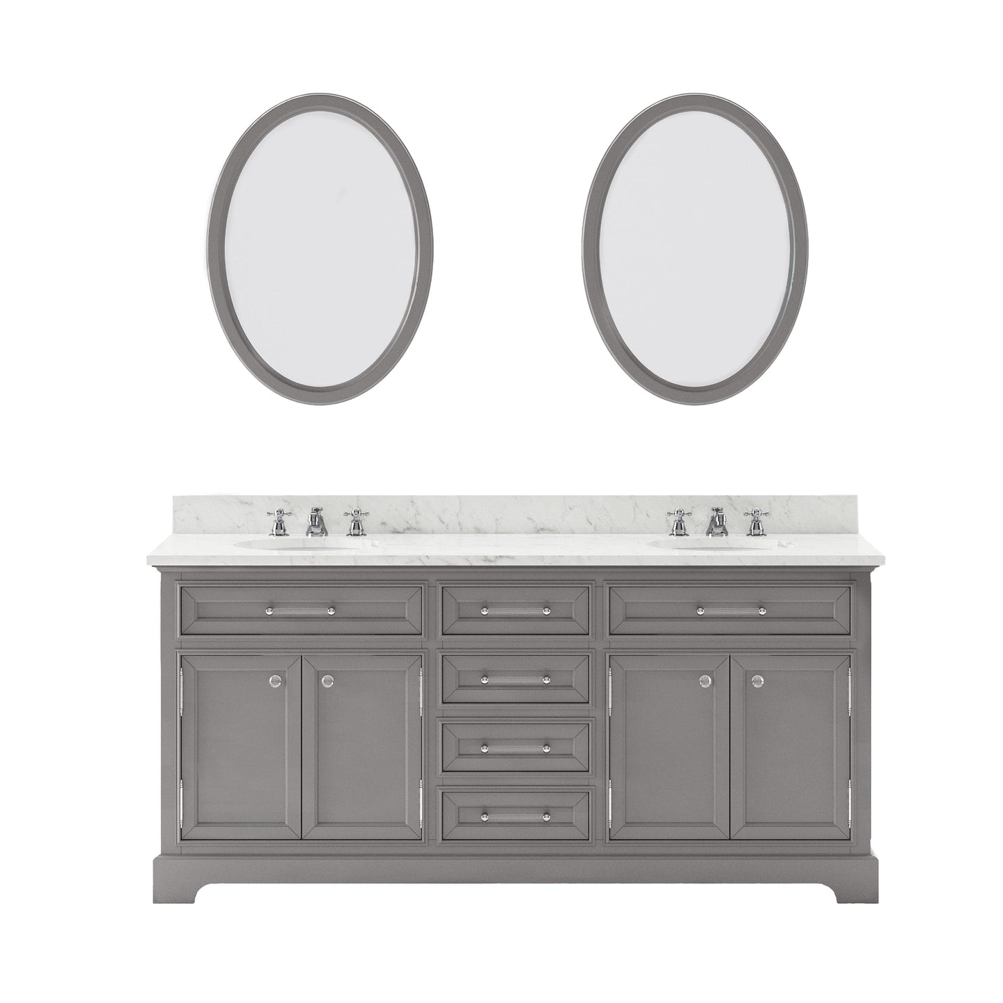 Water Creation DE72CW01CG-O24BX0901 DERBY 72"W x 34"H Cashmere Gray Double-Sink Vanity with Carrara White Marble Countertop + Faucets & Mirrors