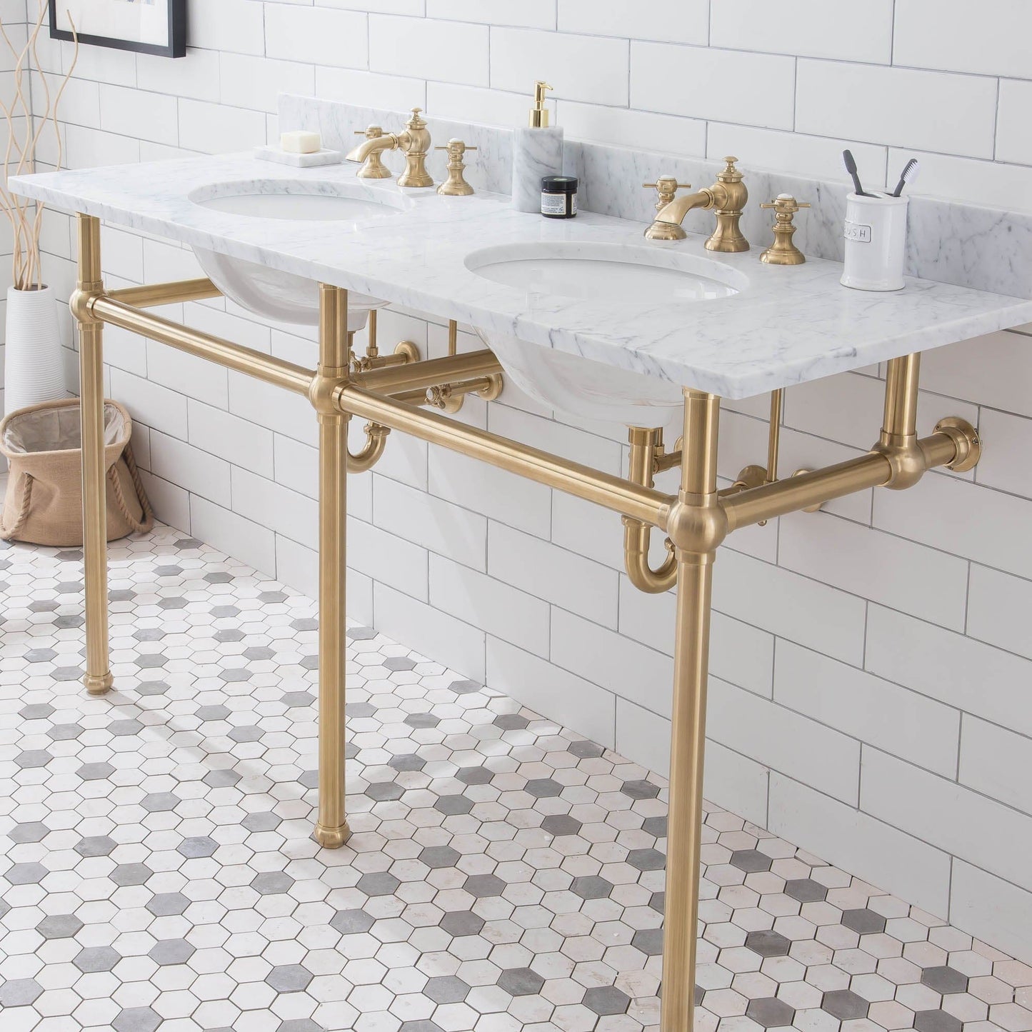 Water Creation EB60D-0613 EMBASSY 60"W x 34"H  Double Washstand , P-Trap, Countertop with Sink, and F2-0013 Faucet included, in Satin Gold Finish