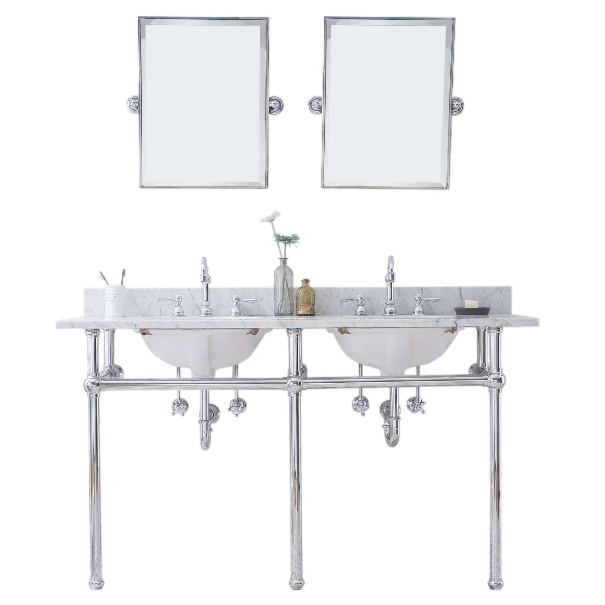 Water Creation EB60E-0112 EMBASSY 60"W x 34"H  Double Washstand , P-Trap, Countertop with Sink, F2-0012 Faucet and Mirror included, in Chrome Finish