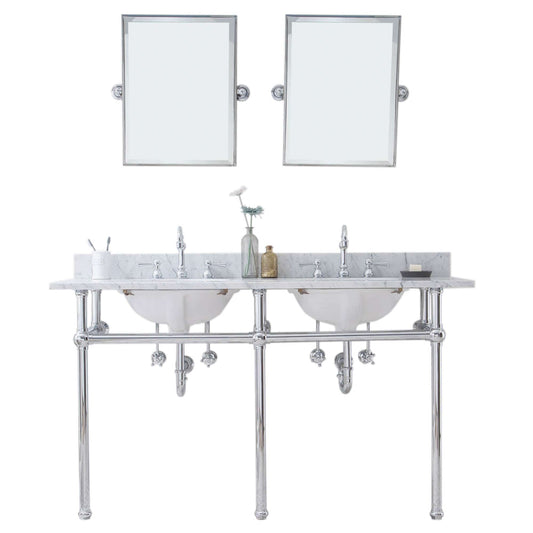 Water Creation EB60E-0112 EMBASSY 60"W x 34"H Double Washstand , P-Trap, Countertop with Sink, F2-0012 Faucet and Mirror included, in Chrome Finish