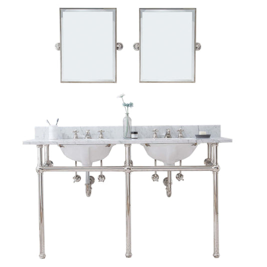 Water Creation EB60E-0509 EMBASSY 60"W x 34"H Double Washstand , P-Trap, Countertop with Sink, F2-0009 Faucet and Mirror included, in Polished Nickel Finish
