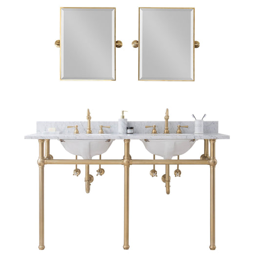 Water Creation EB60E-0612 EMBASSY 60"W x 34"H Double Washstand , P-Trap, Countertop with Sink, F2-0012 Faucet and Mirror included, in Satin Gold Finish