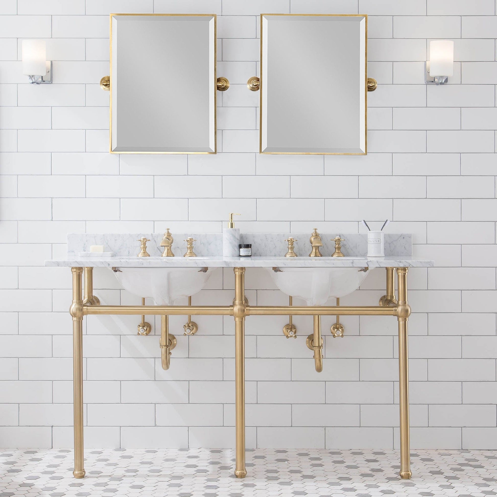 Water Creation EB60E-0613 EMBASSY 60"W x 34"H  Double Washstand , P-Trap, Countertop with Sink, F2-0013 Faucet and Mirror included, in Satin Gold Finish