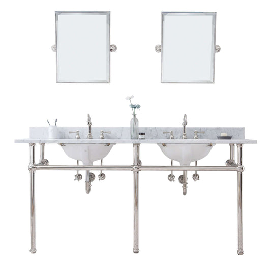Water Creation EB72E-0512 EMBASSY 72"W x 34"H Double Washstand , P-Trap, Countertop with Sink, F2-0012 Faucet and Mirror included, in Polished Nickel Finish