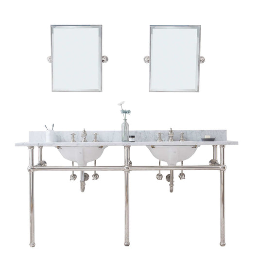 Water Creation EB72E-0513 EMBASSY 72"W x 34"H Double Washstand , P-Trap, Countertop with Sink, F2-0013 Faucet and Mirror included, in Polished Nickel Finish