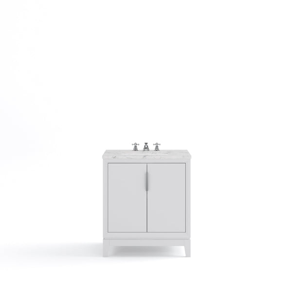 Water Creation EL30CW01PW-000BX0901 ELIZABETH 30W x 34.25H Pure White Single-Sink Vanity with Carrara White Marble Countertop + Faucets (F2-0009-01-BX)