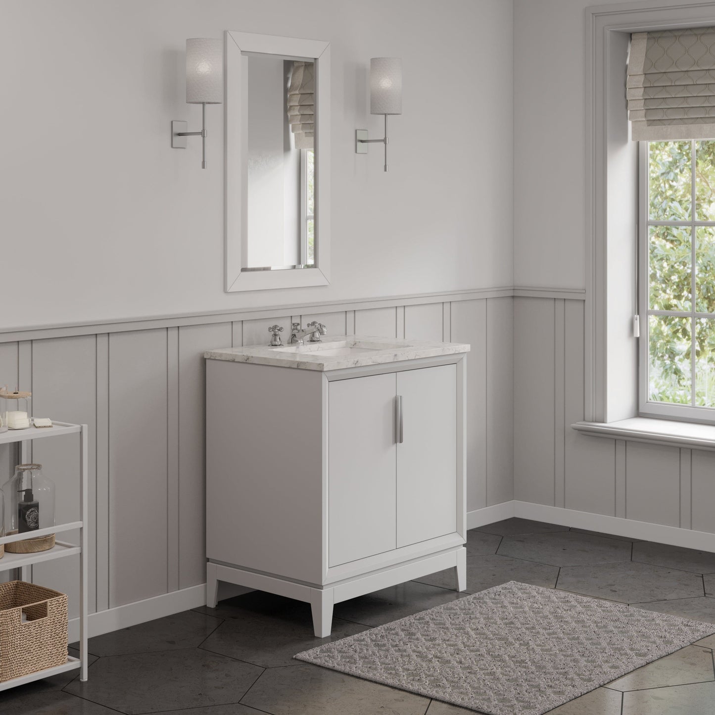 Water Creation EL30CW01PW-000BX0901 ELIZABETH 30"W x 34.25"H Pure White Single-Sink Vanity with Carrara White Marble Countertop + Faucets (F2-0009-01-BX)