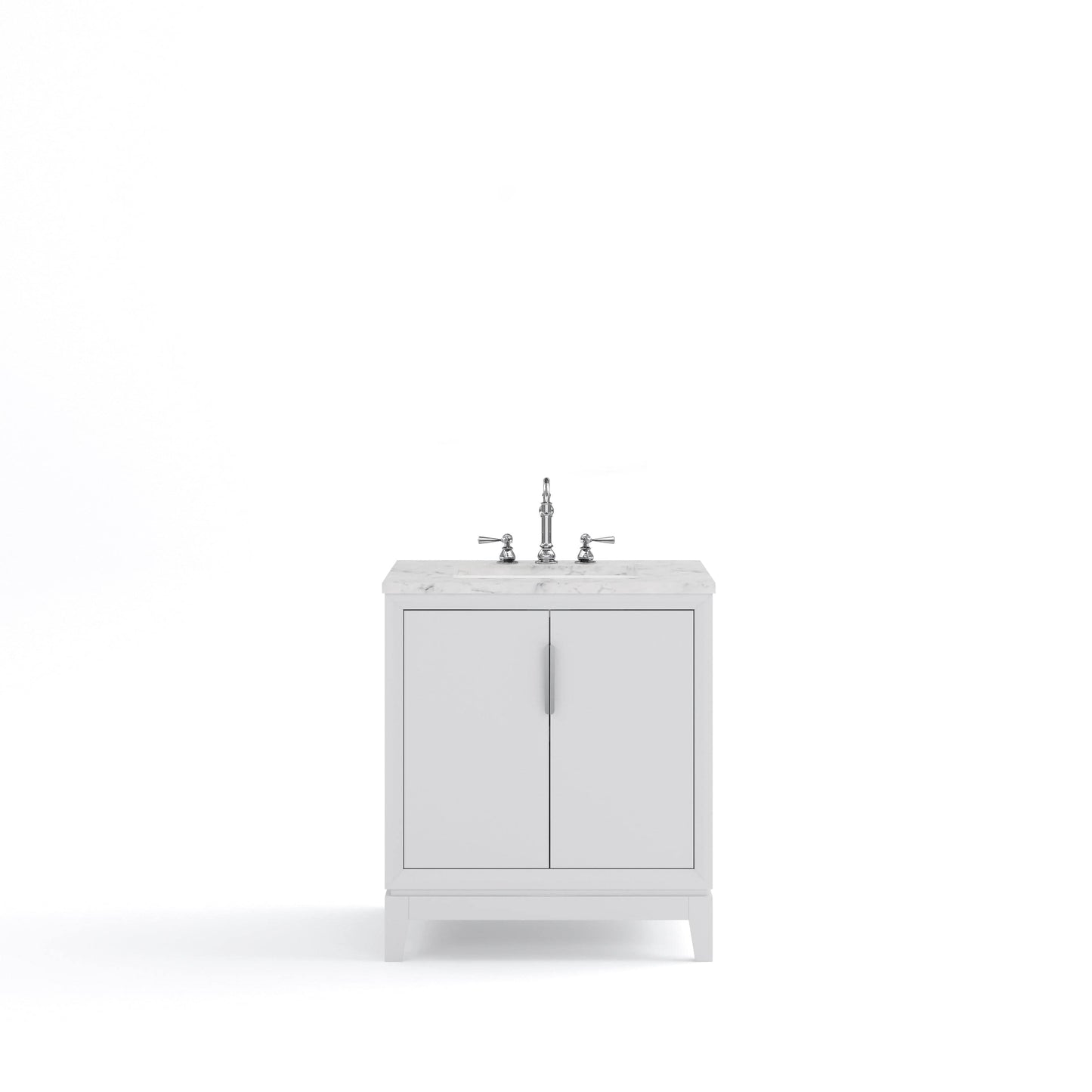 Water Creation EL30CW01PW-000TL1201 ELIZABETH 30"W x 34.25"H Pure White Single-Sink Vanity with Carrara White Marble Countertop + Faucets (F2-0012-01-TL)