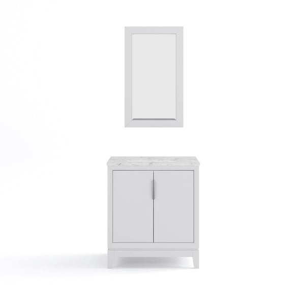 Water Creation EL30CW01PW-R21000000 ELIZABETH 30W x 34.25H Pure White Single-Sink Vanity with Carrara White Marble Countertop + Mirror