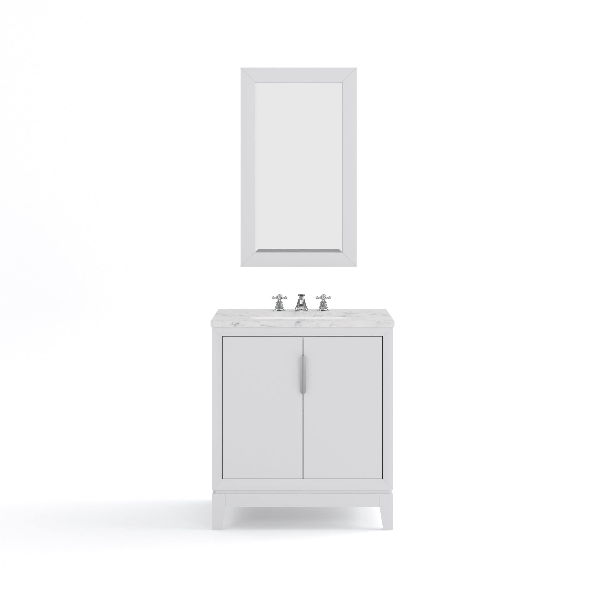 Water Creation EL30CW01PW-R21BX0901 ELIZABETH 30"W x 34.25"H Pure White Single-Sink Vanity with Carrara White Marble Countertop + Faucets & Mirror (F2-0009-01-BX)