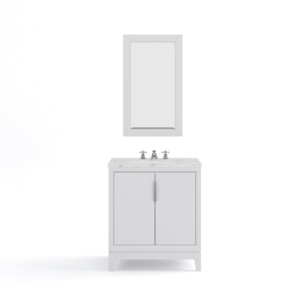 Water Creation EL30CW01PW-R21BX0901 ELIZABETH 30W x 34.25H Pure White Single-Sink Vanity with Carrara White Marble Countertop + Faucets & Mirror (F2-0009-01-BX)