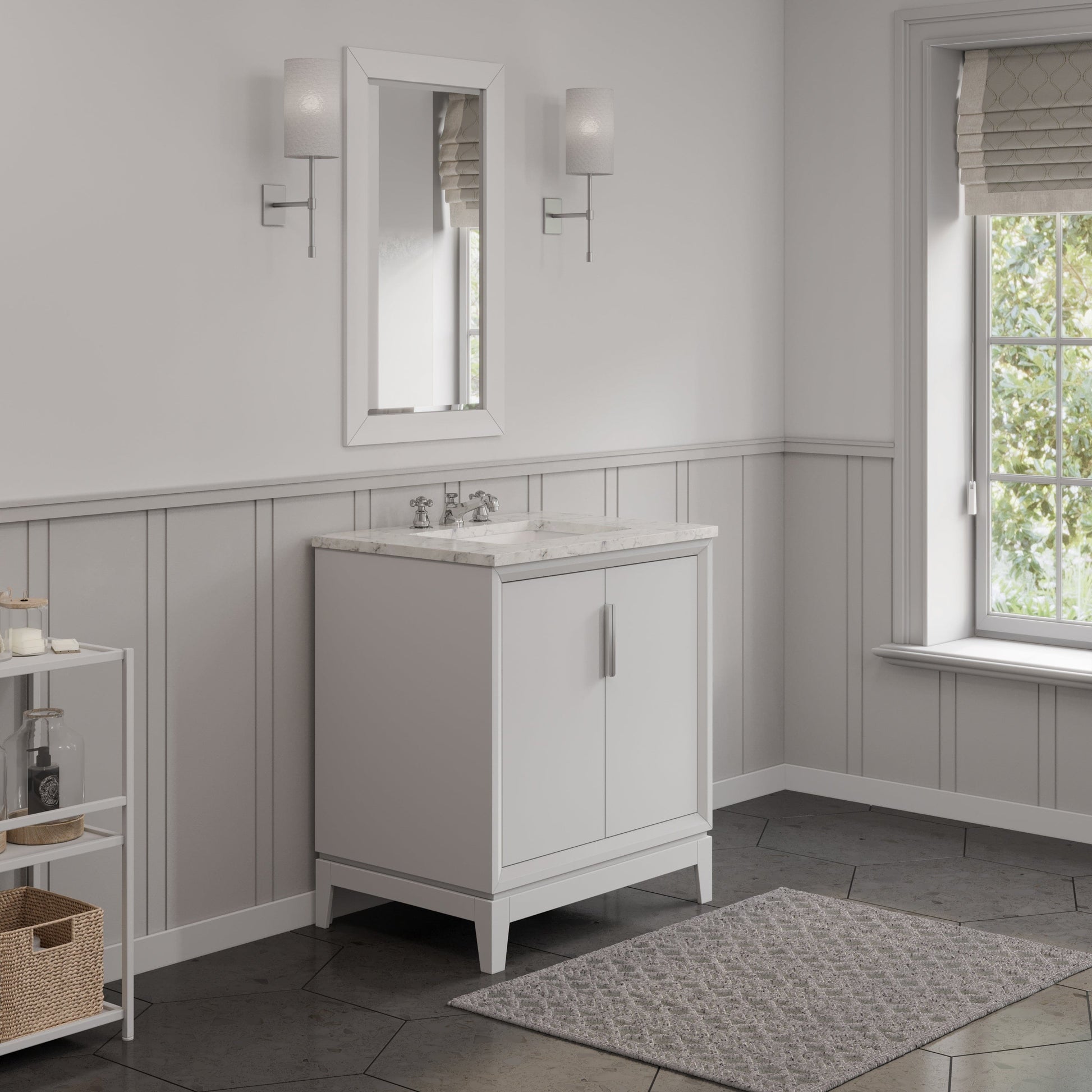 Water Creation EL30CW01PW-R21BX0901 ELIZABETH 30"W x 34.25"H Pure White Single-Sink Vanity with Carrara White Marble Countertop + Faucets & Mirror (F2-0009-01-BX)