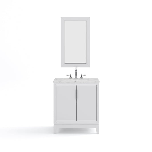 Water Creation EL30CW01PW-R21TL1201 ELIZABETH 30"W x 34.25"H Pure White Single-Sink Vanity with Carrara White Marble Countertop + Faucets & Mirror (F2-0012-01-TL)