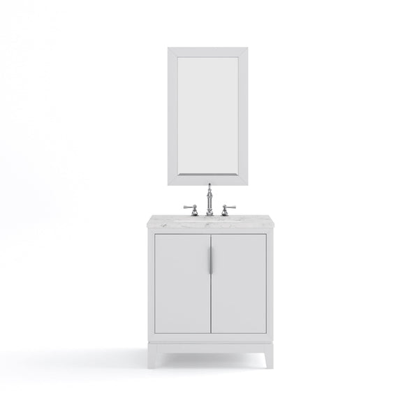 Water Creation EL30CW01PW-R21TL1201 ELIZABETH 30W x 34.25H Pure White Single-Sink Vanity with Carrara White Marble Countertop + Faucets & Mirror (F2-0012-01-TL)