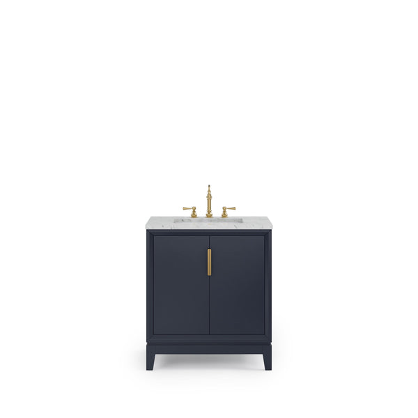 Water Creation EL30CW06MB-000TL1206 ELIZABETH 30W x 34.25H Monarch Blue Single-Sink Vanity with Carrara White Marble Countertop + Faucets (F2-0012-06-TL)