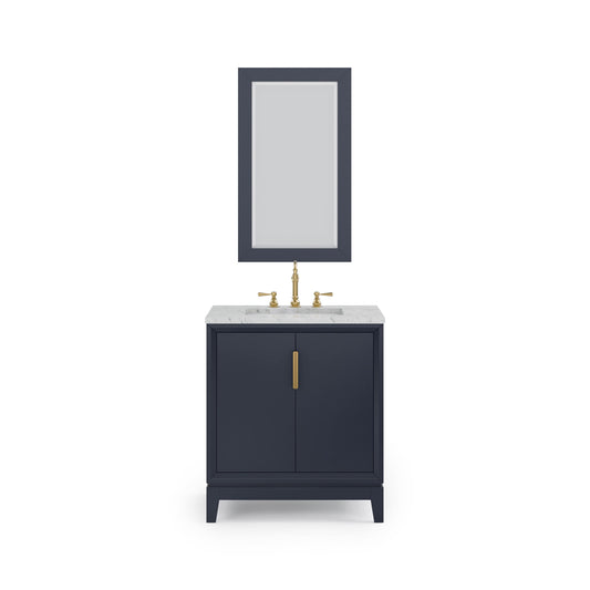Water Creation EL30CW06MB-R21TL1206 ELIZABETH 30"W x 34.25"H Monarch Blue Single-Sink Vanity with Carrara White Marble Countertop + Faucets & Mirror (F2-0012-06-TL)