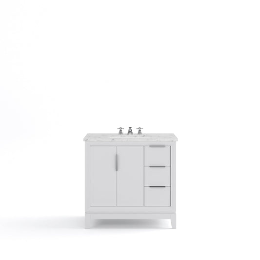 Water Creation EL36CW01PW-000BX0901 ELIZABETH 36"W x 34.25"H Pure White Single-Sink Vanity with Carrara White Marble Countertop + Faucets (F2-0009-01-BX)