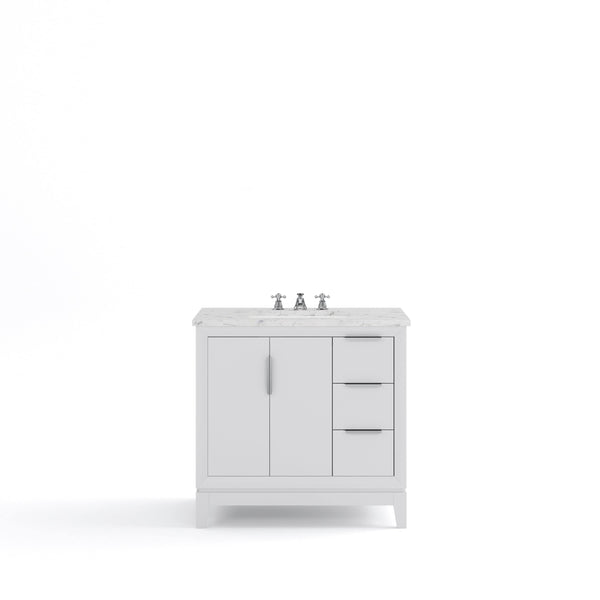 Water Creation EL36CW01PW-000BX0901 ELIZABETH 36W x 34.25H Pure White Single-Sink Vanity with Carrara White Marble Countertop + Faucets (F2-0009-01-BX)