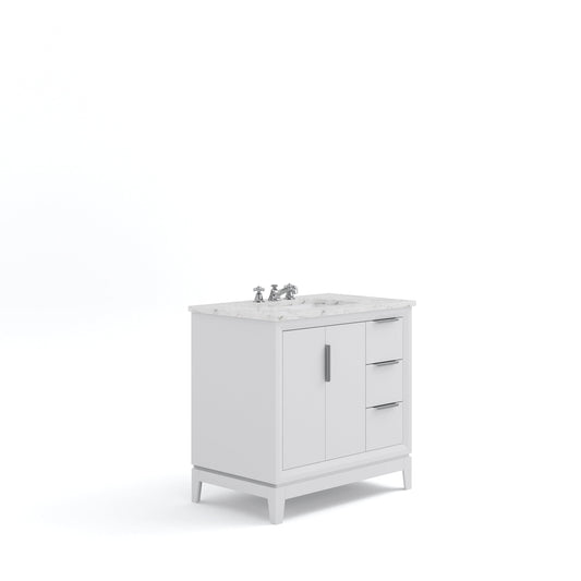 Water Creation EL36CW01PW-000BX0901 ELIZABETH 36"W x 34.25"H Pure White Single-Sink Vanity with Carrara White Marble Countertop + Faucets (F2-0009-01-BX)