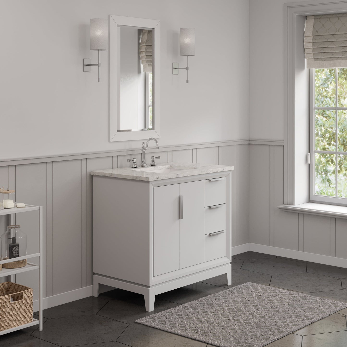 Water Creation EL36CW01PW-000TL1201 ELIZABETH 36"W x 34.25"H Pure White Single-Sink Vanity with Carrara White Marble Countertop + Faucets (F2-0012-01-TL)