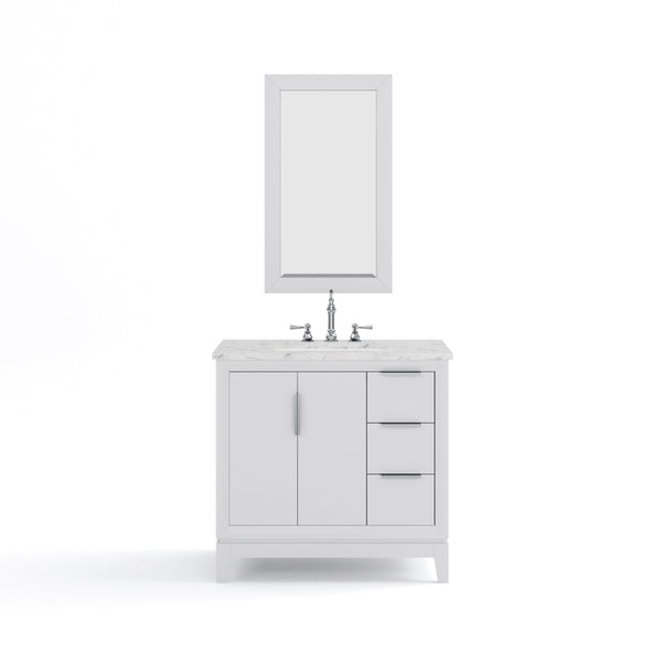 Water Creation EL36CW01PW-R21TL1201 ELIZABETH 36W x 34.25H Pure White Single-Sink Vanity with Carrara White Marble Countertop + Faucets & Mirror (F2-0012-01-TL)