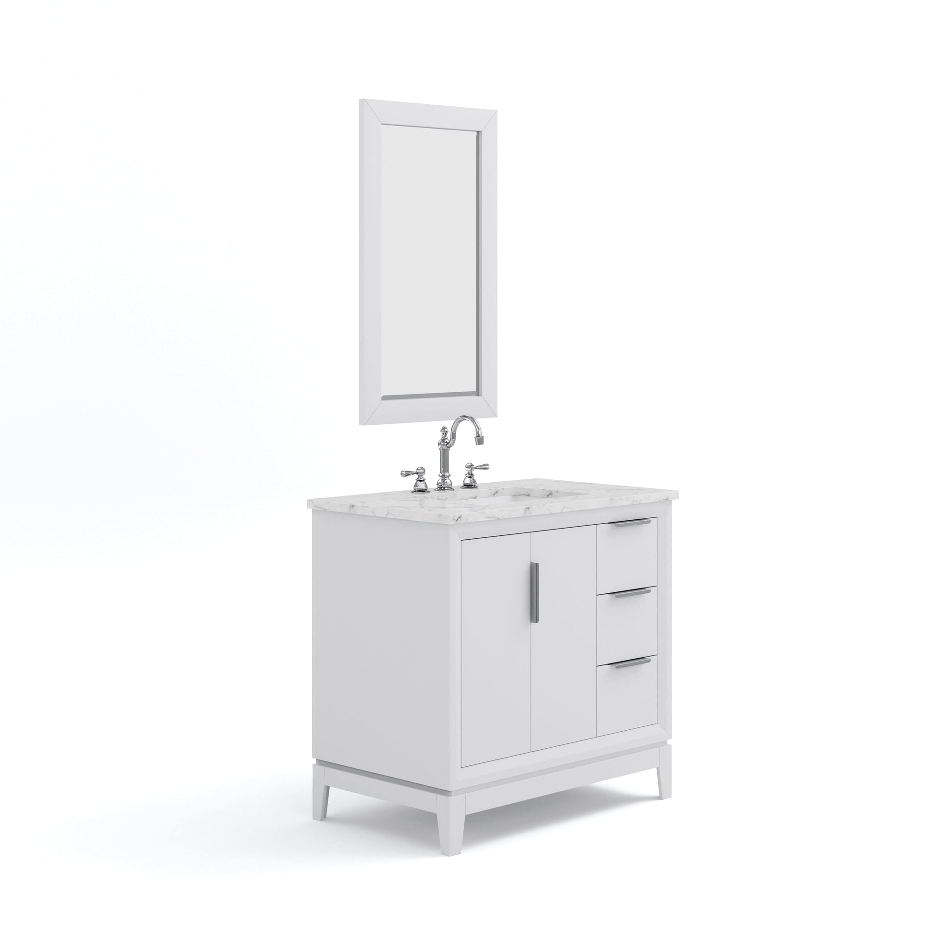 Water Creation EL36CW01PW-R21TL1201 ELIZABETH 36"W x 34.25"H Pure White Single-Sink Vanity with Carrara White Marble Countertop + Faucets & Mirror (F2-0012-01-TL)