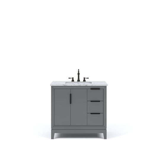 Water Creation EL36CW03CG-000TL1203 ELIZABETH 36"W x 34.25"H Cashmere Gray Single-Sink Vanity with Carrara White Marble Countertop + Faucets (F2-0012-03-TL)