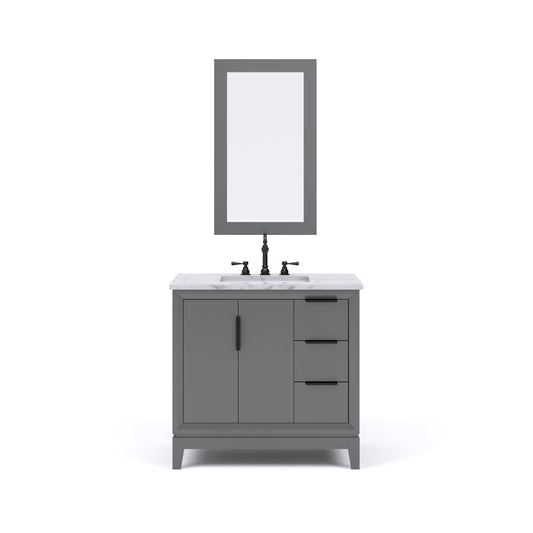 Water Creation EL36CW03CG-R21TL1203 ELIZABETH 36"W x 34.25"H Cashmere Gray Single-Sink Vanity with Carrara White Marble Countertop + Faucets & Mirror (F2-0012-03-TL)