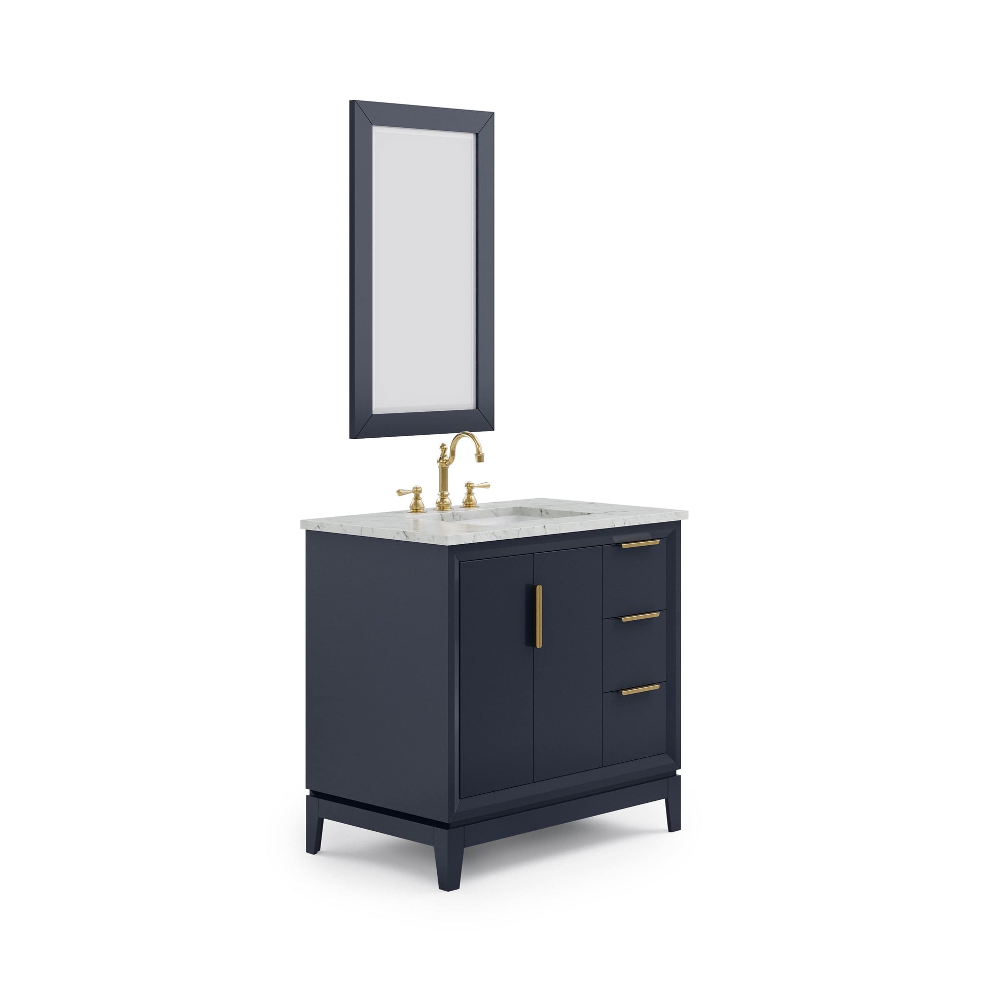 Water Creation EL36CW06MB-R21TL1206 ELIZABETH 36"W x 34.25"H Monarch Blue Single-Sink Vanity with Carrara White Marble Countertop + Faucets & Mirror (F2-0012-06-TL)