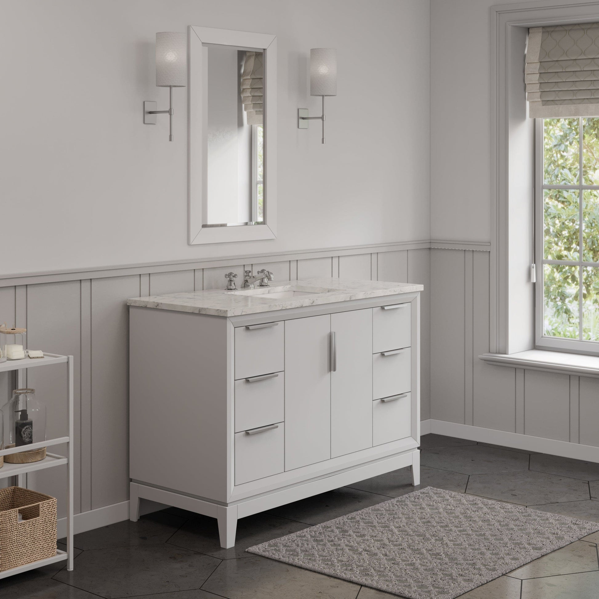 Water Creation EL48CW01PW-000BX0901 ELIZABETH 48"W x 34.25"H Pure White Single-Sink Vanity with Carrara White Marble Countertop + Faucets (F2-0009-01-BX)