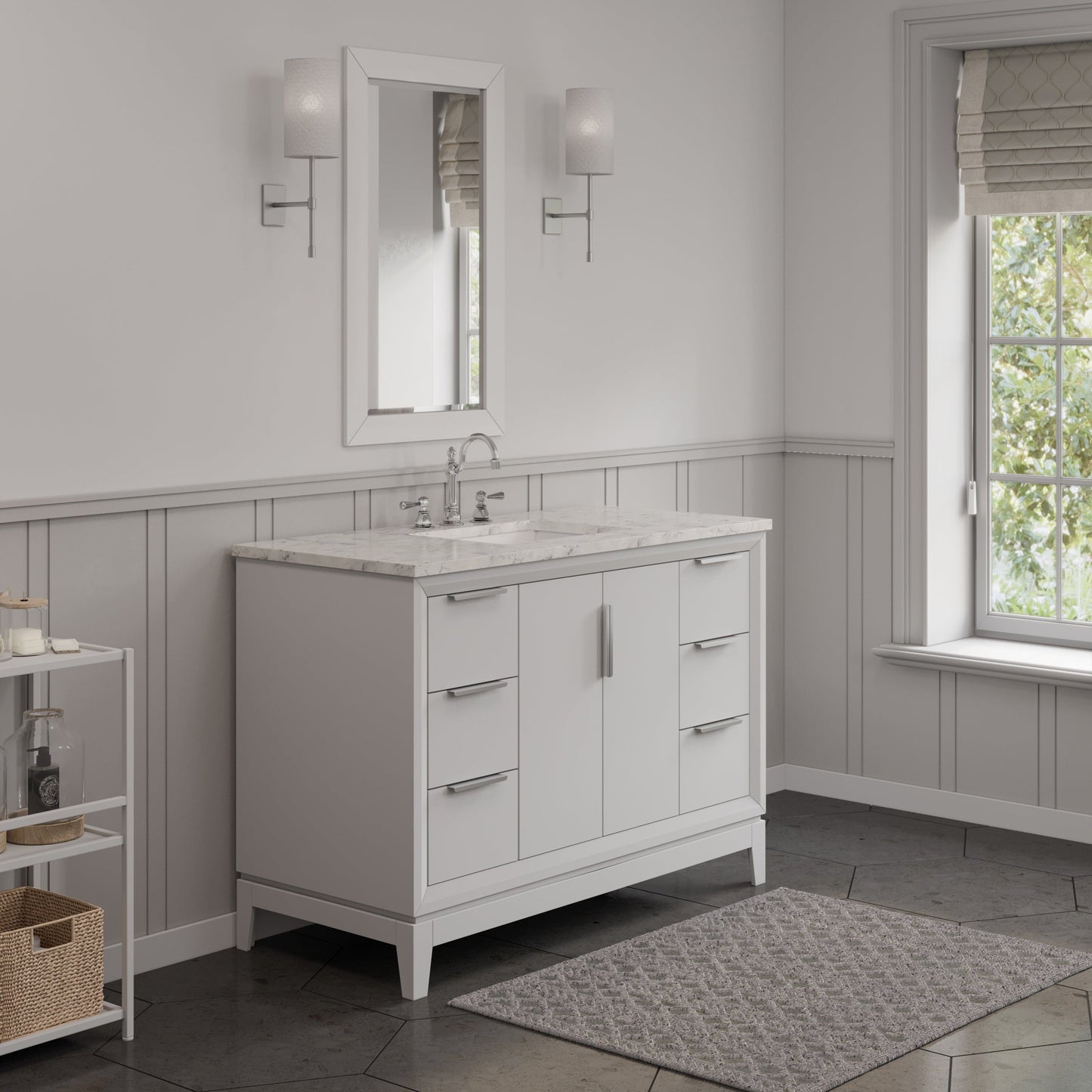 Water Creation EL48CW01PW-000TL1201 ELIZABETH 48"W x 34.25"H Pure White Single-Sink Vanity with Carrara White Marble Countertop + Faucets (F2-0012-01-TL)