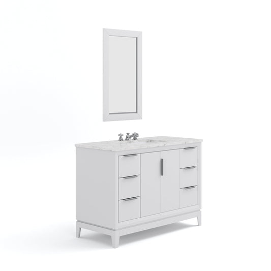 Water Creation EL48CW01PW-R21BX0901 ELIZABETH 48"W x 34.25"H Pure White Single-Sink Vanity with Carrara White Marble Countertop + Faucets & Mirror (F2-0009-01-BX)