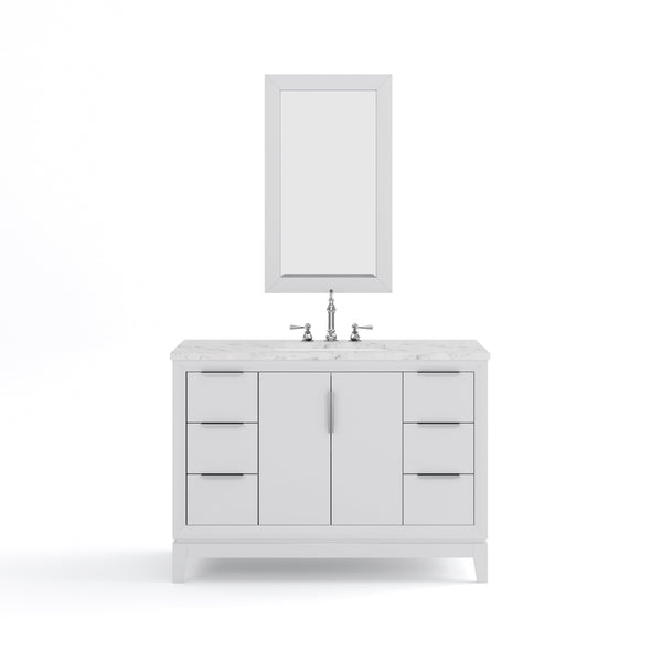 Water Creation EL48CW01PW-R21TL1201 ELIZABETH 48W x 34.25H Pure White Single-Sink Vanity with Carrara White Marble Countertop + Faucets & Mirror (F2-0012-01-TL)