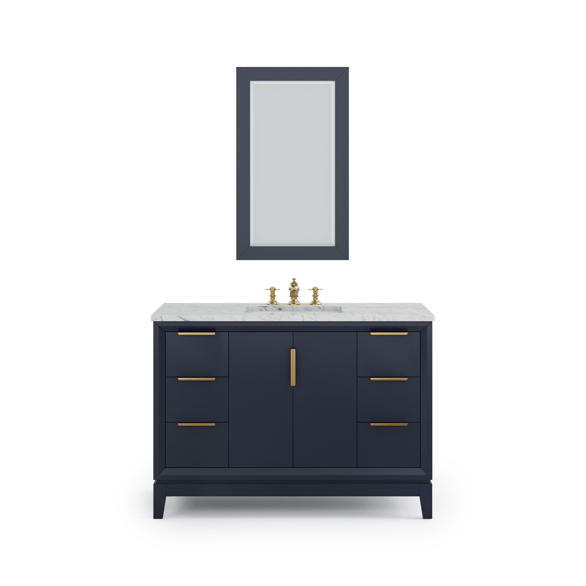 Water Creation EL48CW06MB-R21FX1306 ELIZABETH 48"W x 34.25"H Monarch Blue Single-Sink Vanity with Carrara White Marble Countertop + Faucets & Mirror (F2-0013-06-FX)