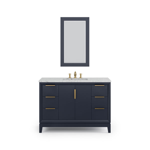 Water Creation EL48CW06MB-R21FX1306 ELIZABETH 48W x 34.25H Monarch Blue Single-Sink Vanity with Carrara White Marble Countertop + Faucets & Mirror (F2-0013-06-FX)