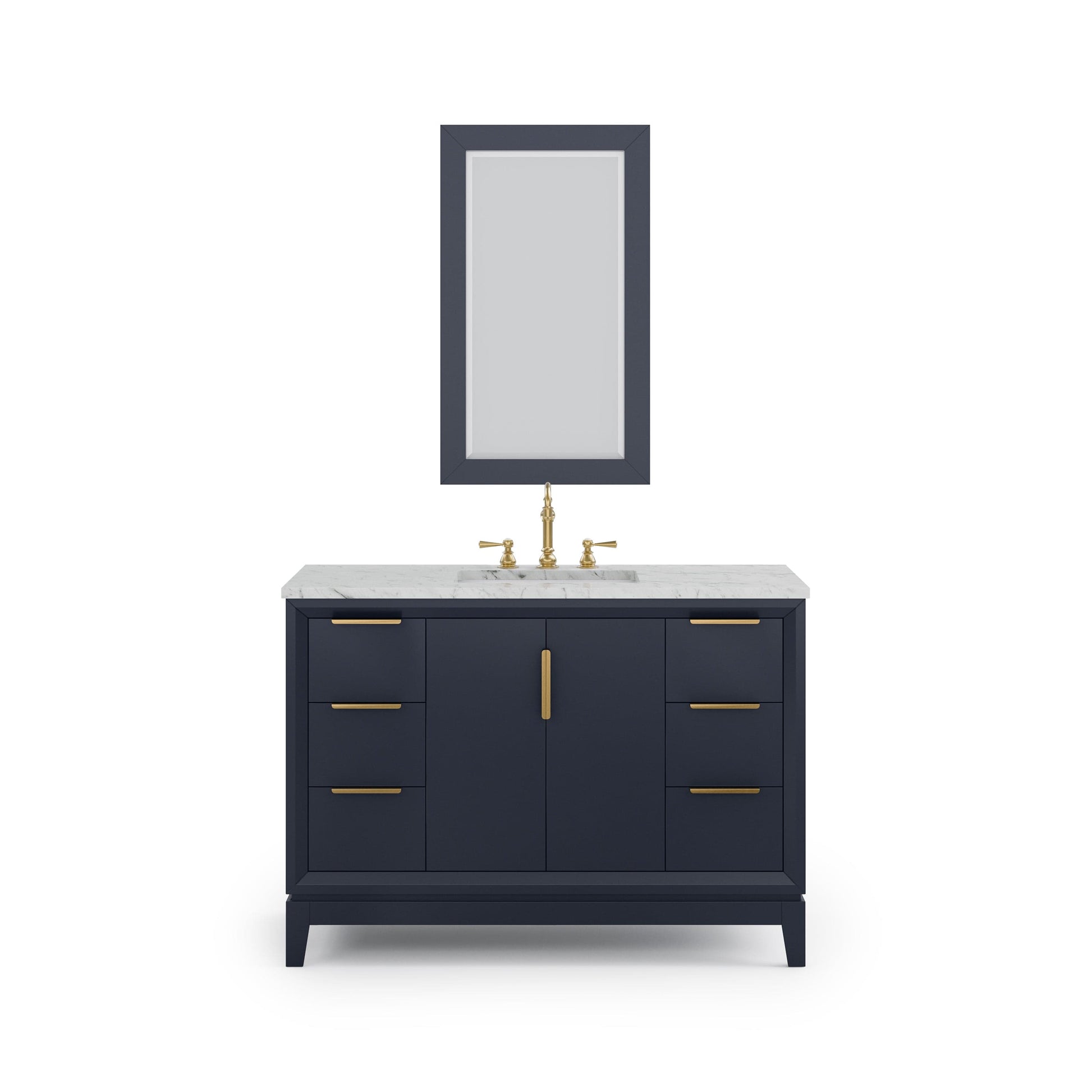 Water Creation EL48CW06MB-R21TL1206 ELIZABETH 48"W x 34.25"H Monarch Blue Single-Sink Vanity with Carrara White Marble Countertop + Faucets & Mirror (F2-0012-06-TL)