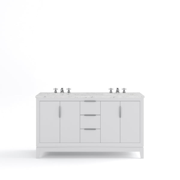 Water Creation EL60CW01PW-000BX0901 ELIZABETH 60W x 34.25H Pure White Double-Sink Vanity with Carrara White Marble Countertop + Faucets (F2-0009-01-BX)