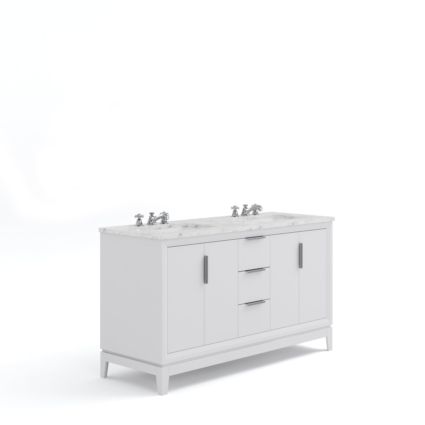 Water Creation EL60CW01PW-000BX0901 ELIZABETH 60"W x 34.25"H Pure White Double-Sink Vanity with Carrara White Marble Countertop + Faucets (F2-0009-01-BX)