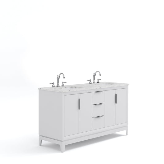 Water Creation EL60CW01PW-000TL1201 ELIZABETH 60"W x 34.25"H Pure White Double-Sink Vanity with Carrara White Marble Countertop + Faucets (F2-0012-01-TL)