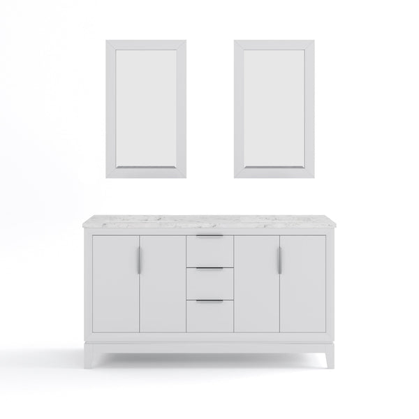 Water Creation EL60CW01PW-R21000000 ELIZABETH 60W x 34.25H Pure White Double-Sink Vanity with Carrara White Marble Countertop + Mirror