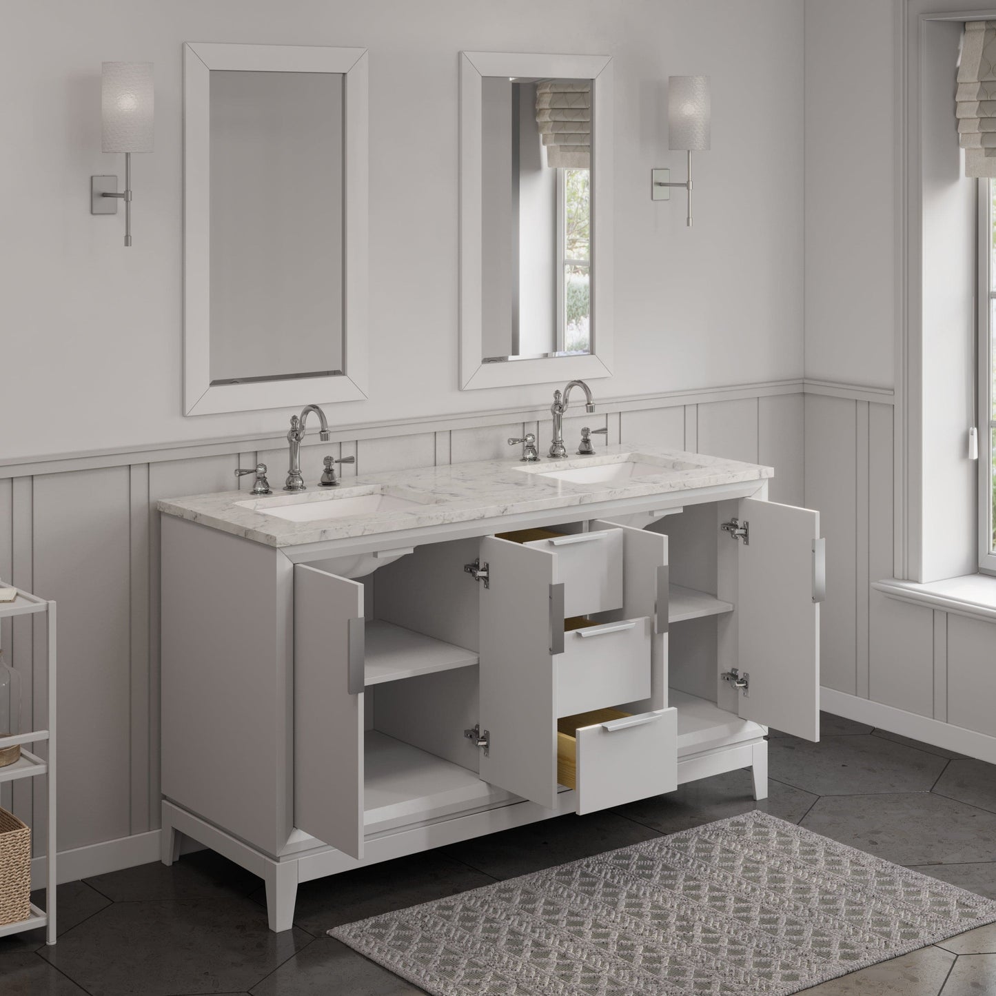 Water Creation EL60CW01PW-R21000000 ELIZABETH 60"W x 34.25"H Pure White Double-Sink Vanity with Carrara White Marble Countertop + Mirror