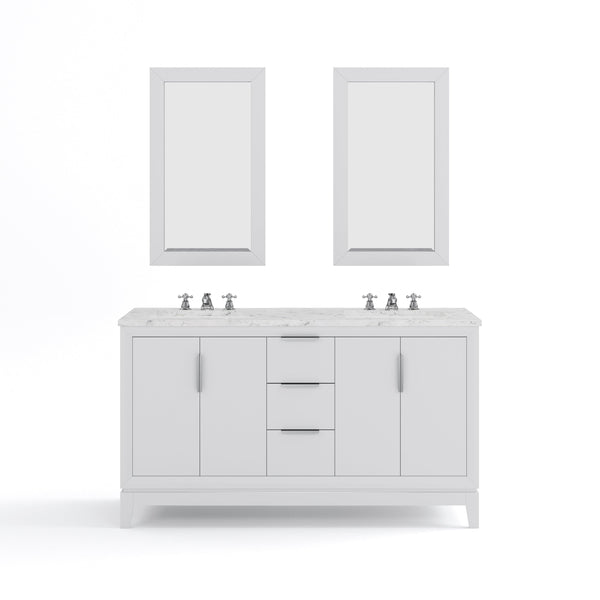 Water Creation EL60CW01PW-R21BX0901 ELIZABETH 60W x 34.25H Pure White Double-Sink Vanity with Carrara White Marble Countertop + Faucets & Mirror (F2-0009-01-BX)