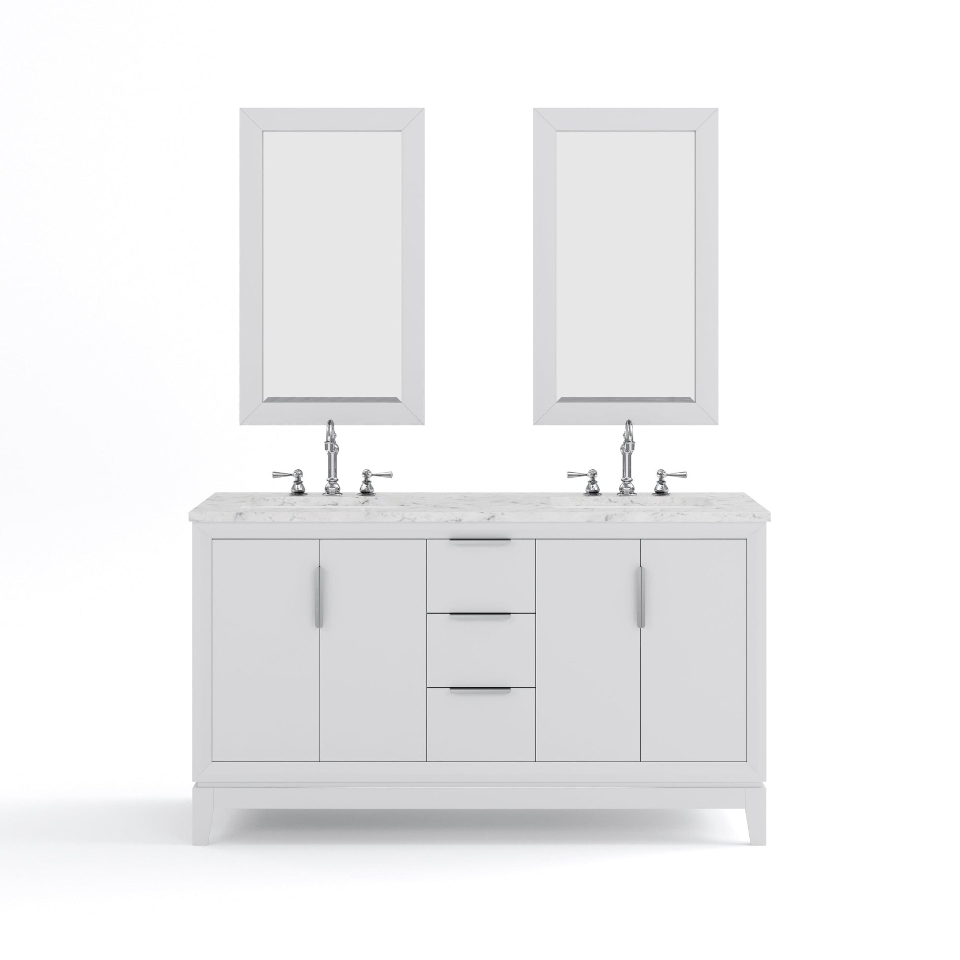 Water Creation EL60CW01PW-R21TL1201 ELIZABETH 60"W x 34.25"H Pure White Double-Sink Vanity with Carrara White Marble Countertop + Faucets & Mirror (F2-0012-01-TL)