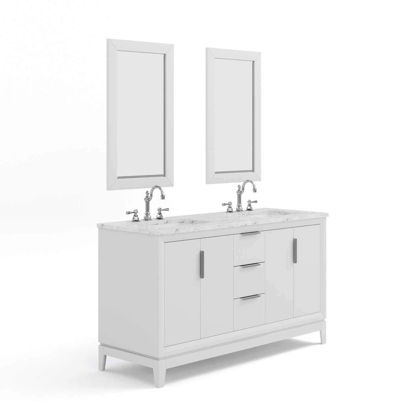 Water Creation EL60CW01PW-R21TL1201 ELIZABETH 60"W x 34.25"H Pure White Double-Sink Vanity with Carrara White Marble Countertop + Faucets & Mirror (F2-0012-01-TL)