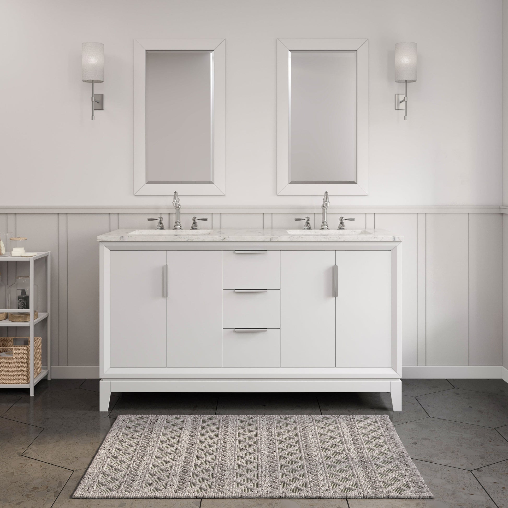 Water Creation EL60CW01PW-R21TL1201 ELIZABETH 60"W x 34.25"H Pure White Double-Sink Vanity with Carrara White Marble Countertop + Faucets & Mirror (F2-0012-01-TL)