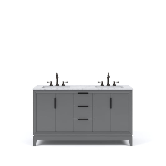 Water Creation EL60CW03CG-000TL1203 ELIZABETH 60"W x 34.25"H Cashmere Gray Double-Sink Vanity with Carrara White Marble Countertop + Faucets (F2-0012-03-TL)