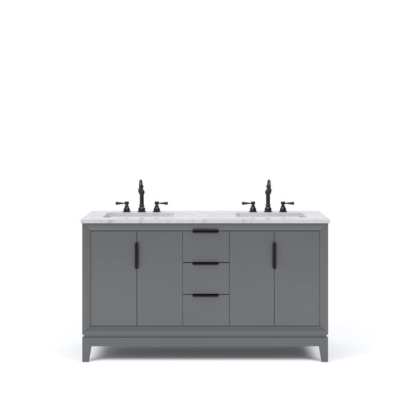 Water Creation EL60CW03CG-000TL1203 ELIZABETH 60W x 34.25H Cashmere Gray Double-Sink Vanity with Carrara White Marble Countertop + Faucets (F2-0012-03-TL)