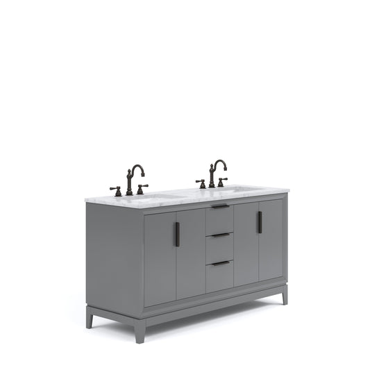 Water Creation EL60CW03CG-000TL1203 ELIZABETH 60"W x 34.25"H Cashmere Gray Double-Sink Vanity with Carrara White Marble Countertop + Faucets (F2-0012-03-TL)