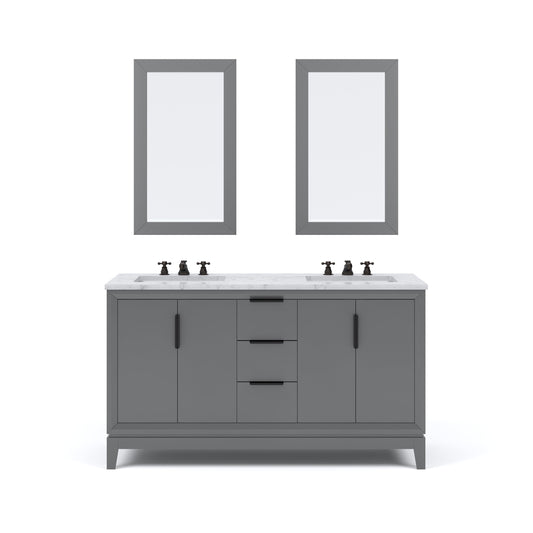 Water Creation EL60CW03CG-R21BX0903 ELIZABETH 60"W x 34.25"H Cashmere Gray Double-Sink Vanity with Carrara White Marble Countertop + Faucets & Mirror (F2-0009-03-BX)