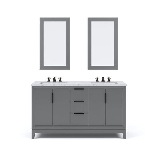 Water Creation EL60CW03CG-R21BX0903 ELIZABETH 60"W x 34.25"H Cashmere Gray Double-Sink Vanity with Carrara White Marble Countertop + Faucets & Mirror (F2-0009-03-BX)